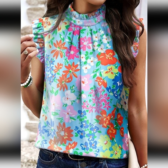 Ruffled Printed Mock Neck Cap Sleeve Blouse - Picture 1 of 3